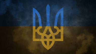 Abstract smoke stain in the form of the coat of arms of Ukraine in the colors of the flag of Ukraine on a black isolated background