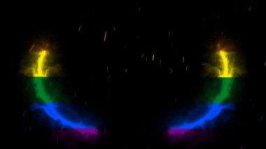 Abstract blot of smoke in the colors of the lgbt flag, pride on a black isolated background. Wedding footage, background wedding rings, sparkles