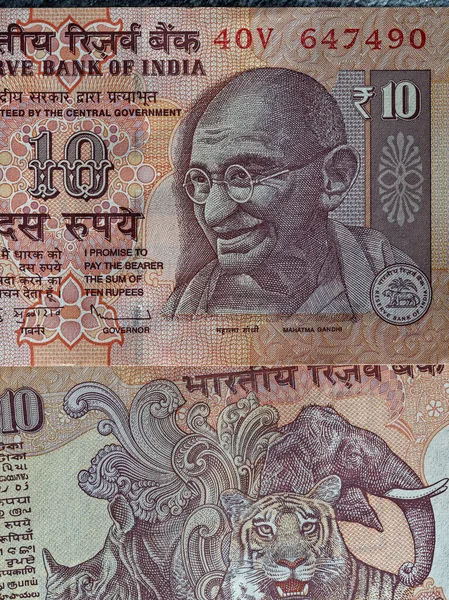 2022マハトマ ガンディーと裏面象のサイと虎の顔は10ルピーの銀行券10ルピーのインド通貨に描かれています — ストック写真