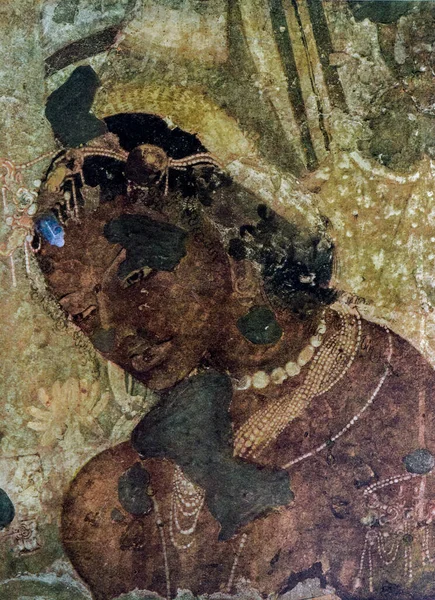 2019 Frescos Sirvientes Belleza Negra Cuevas Budistas Corte Roca Ajanta —  Fotos de Stock