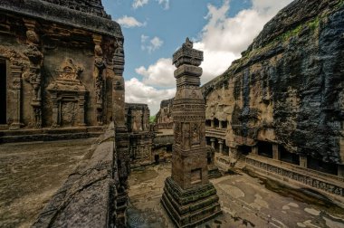 08 18 2006 The Stone Pillar at the Kailashanatha Temple Cave 16 One side of the courtyard,Elora near Aurangabad Maharashtra India.