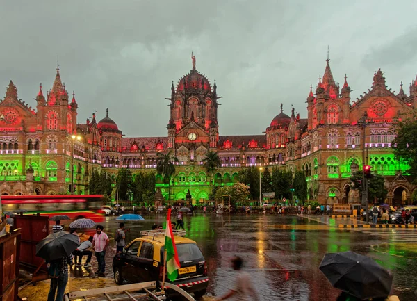08 13 2022 In Rain Mumbai Celebrating 73rd Independence Day of India  CSMT in Tricolor Lighting Maharashtra India
