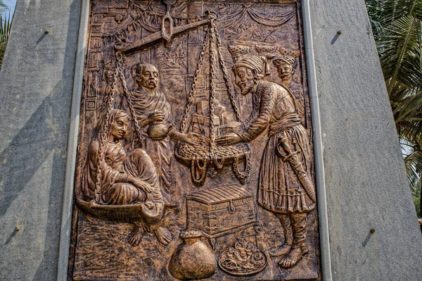 04 15 2012 Bronz relief depicting Shivaji Maharaj Life on Podium or Pedestal Shivaji Statue, Public Garden, Dahisar, Mumbai, Maharashtra, India, Asia