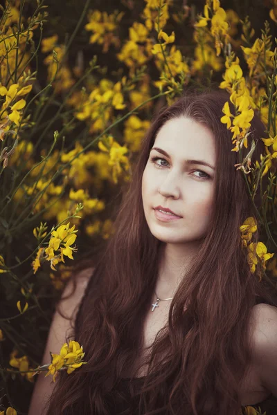 Portret van mooie jonge brunette vrouw permanent in de buurt van de tr — Stockfoto