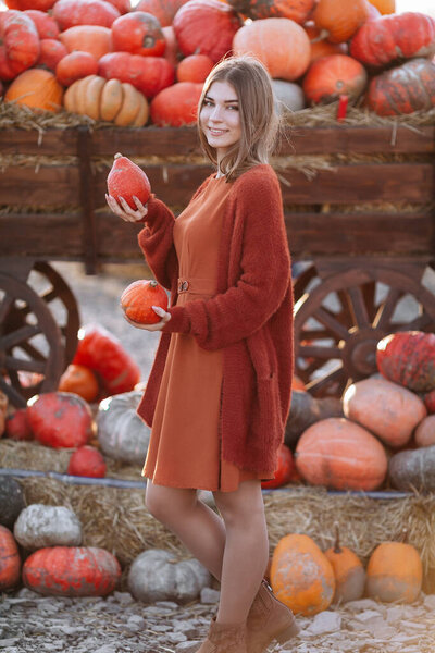 Portrait of happy smiling woman with small ripe orange pumpkins in hands near wooden wagon on farmers market in brown cardigan, dress. Cozy autumn vibes Halloween, Thanksgiving day
