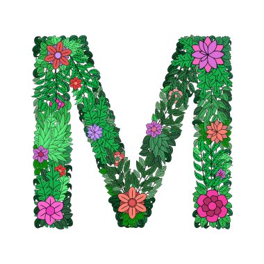 M harfi, çiçekler ve yapraklarla. Baskı, tebrik kartı, düğün ve hediye için baş harf M. Floral tasarımı. Aile logosu. Beyaz arka planda izole edilmiş bir mektup. Vektör illüstrasyonu