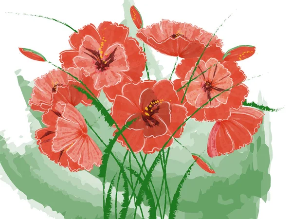 Μπουκέτο Κόκκινες Παπαρούνες Εικονογράφηση Διανύσματος Όμορφα Λουλούδια Παπαρούνες Πράσινο Φόντο — Διανυσματικό Αρχείο