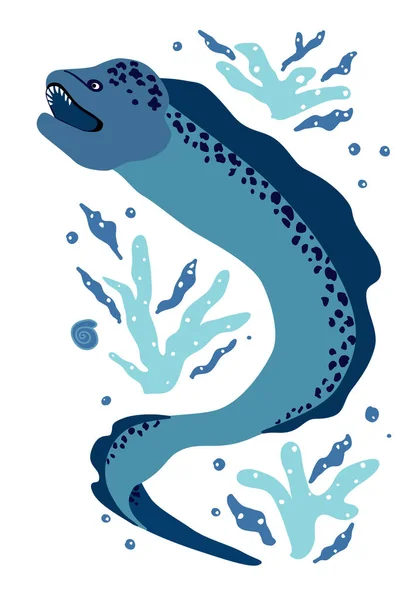 Sea Moray Anguila Personaje Dibujos Animados Pez Terrible Con Una — Vector de stock