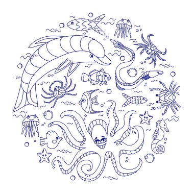 Deniz balığı, hayvanlar, denizyıldızı, at, denizanası, yunus, yengeç. Okyanusun sualtı sakinleri. Yuvarlak kompozisyon. Komik hayvanların doğrusal çizimlerini yap. Çocuklar için boyama kitabı. Vektör
