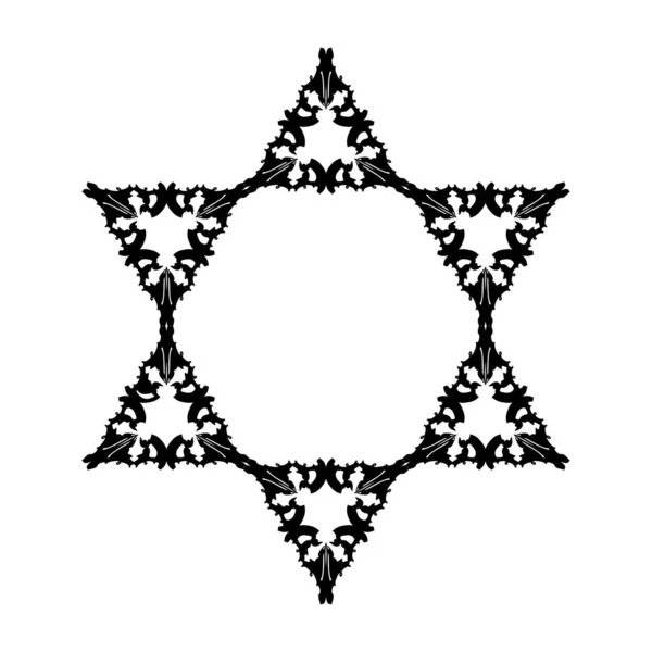 彫刻装飾が施された抽象的な星 ダビデのユダヤ人の星のスケッチ 宗教的シンボル ベクトルイラスト 休日のはがき フレームのテンプレート 白地に黒の輪郭 — ストックベクタ