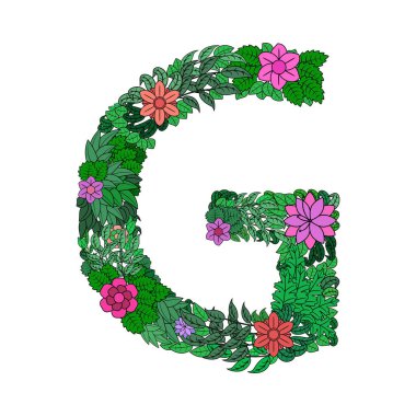Çiçek elementlerinden yapılmış renkli G harfi. Çiçek ve yapraktan yapılmış G işareti. Güzel monogram, tişört baskısı, logo. Vektör illüstrasyonu beyaz arkaplanda izole edildi.