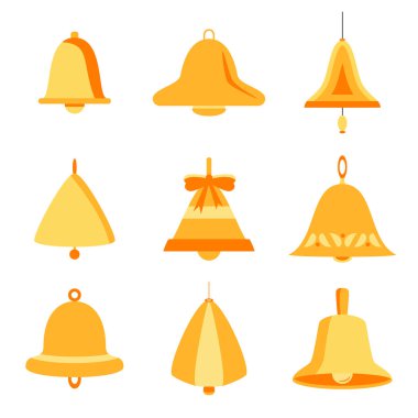 Çanlar hazır. Basit düz çizim. Tatil simgeleri, Noel sembolü. Çanların çeşitli şekilleri, xmas tasarım elementleri. Fiyonklu altın çan. Vektör