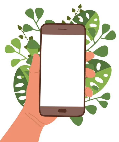 Yeşil yaprakların arka planında cep telefonu var. Boş ekranlı akıllı telefon. Poster, afiş, reklam. Metin için yeri olan şablon tasarımı. Vektör çizimi. Boş telefon gösteriliyor