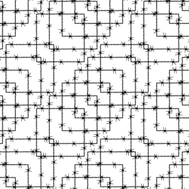 Dikenli tellerle kusursuz desen. Beyaz üzerine izole edilmiş siyah çelik kabloyla soyut bir arka plan. Tel zincirli siluet, tel örgü, kafes. Vektör çizimi. Dikenli tel tasarımı