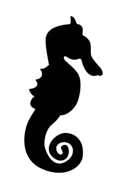 Beyaz arka planda izole edilmiş siyah bir deniz atı silueti. Deniz altı bir hayvanın çizimi, balığın. Deniz atı simgesi, işaret, logo. Yan görüş. Vektör illüstrasyonu, düz tasarım