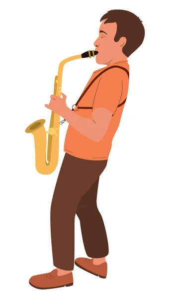 这男孩会弹奏萨克斯风 那孩子手里拿着乐器 在白色背景上孤立的矢量卡通画 音乐会 音乐训练 青年爵士乐手 — 图库矢量图片