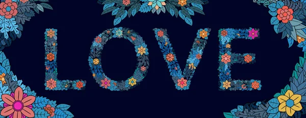 Amor Letras Sobre Fondo Azul Oscuro Con Flores Follaje Amor — Vector de stock