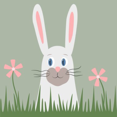 Happy Easter greeting card, holiday congrats. A white Easter bunny peeps out of the grass. Children's egg hunt invitation. Cartoon vector animal character. Cute rabbit vector Happy Easter greeting card, holiday congrats. A white Easter bunny peeps out of the grass. Children's egg hunt invitation. Cartoon vector animal character. Cute rabbit vector