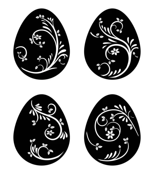 Easter Eggs Set Black Silhouette White Floral Patterns Paper Cutting — Stock Vector