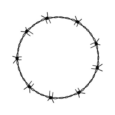 Dikenli tel daire. Sivri dikenli yuvarlak tel çerçeve. Siyah rengin doğrusal çizimi beyaz arkaplanda izole edildi. Vektör çizimi. Simge, sembol, kinaye. Hapishane, tehlike, yasak bölge