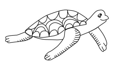 Kaplumbağa. Basit doğrusal çizim. Yan görüş. Sevimli çizgi film karakteri. Deniz hayvanı taslağı. Beyaz arkaplanda vektör çizimi izole edildi. Küçükler için çocuk boyası.