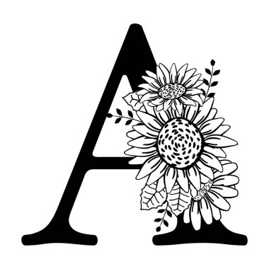 Büyük harf A ve bir buket çiçek. Ayçiçekli Monogram A. El çizimi isim logosu, aile logosu, tişört baskısı, isim değiştirici. Çiçek vektör çizimi beyaz arkaplanda izole edildi.