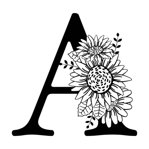 Büyük harf A ve bir buket çiçek. Ayçiçekli Monogram A. El çizimi isim logosu, aile logosu, tişört baskısı, isim değiştirici. Çiçek vektör çizimi beyaz arkaplanda izole edildi.