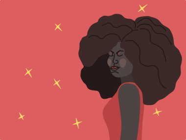 Siyah kıvırcık saçlı, pofuduk saçlı Afro-Amerikan kadın. Kırmızı elbiseli güçlü kadın. Uluslararası Kadınlar Günü için poster, Kadın Tarihi Ayı. Feminizm, eşitlik kavramı. Vektör illüstrasyonu