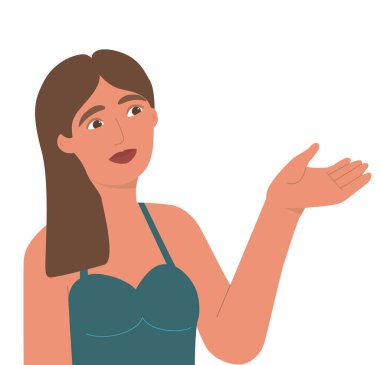 Güzel genç bir kadın elini kaldırdı. Bir kızla şablon, herhangi bir şey eklemek için, tasarım. Elle bomboş. Avatar, sosyal ağlar için portre. İzole vektör illüstrasyonu