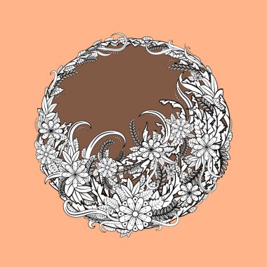 Yaprak ve çiçeklerle süslenmiş klasik daire çerçeve. Kartvizit, davetiye, kart, defterler. Tebrik etmek için şablon. Vektör çizimi. Kadınlar günü, anneler günü..