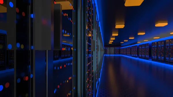 Centro de datos de la sala de servidores. Copia de seguridad, minería, alojamiento, mainframe, granja y rack de computadoras con información de almacenamiento. 3d renderizar — Foto de Stock