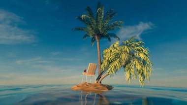 Seyahat et. Eğlence konsepti. Okyanusun ortasında tropik bir ada. Palmiye ağaçları, plaj sandalyeleri ve kokteylleri var. 3d oluşturma