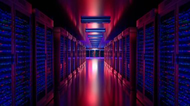 Sunucu odası veri merkezi. Yedek, madencilik, ev sahipliği, ana bilgisayar, çiftlik ve bilgisayar rafı ve depolama bilgileri. 3d hazırlayıcı