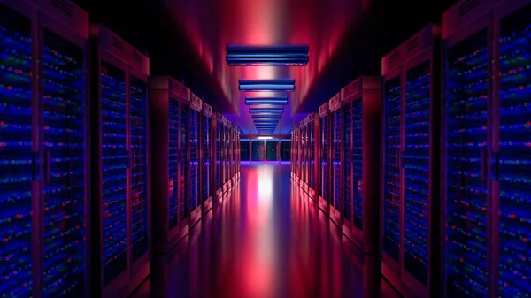 Server room data center. Backup, mining, hosting, mainframe, farm and computer rack with storage information. 3d render — Stock Photo, Image