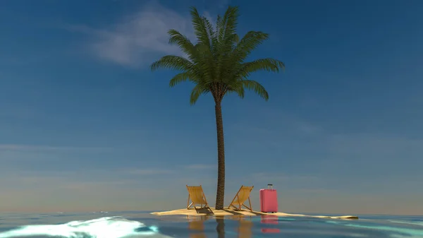 Viaggia. Concetto ricreativo. Isola tropicale in mezzo all'oceano con palme, sdraio e valigia. rendering 3d — Foto Stock