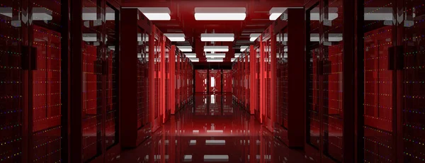 Server room data center. Backup, mining, hosting, mainframe, farm and computer rack with storage information. 3d render — Stock Photo, Image