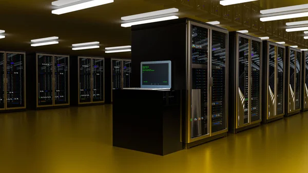 Сервер. Центр обработки данных серверной. Резервное копирование, майнинг, хостинг, мэйнфрейм, ферма и компьютерная стойка с информацией для хранения. 3D рендеринг — стоковое фото
