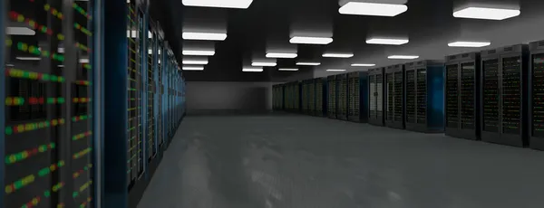 Szerver szoba adatközpont. Erősítés, bányászat, tárhely, központi számítógép, farm és számítógép állvány tárolási információkkal. 3d renderelés — Stock Fotó
