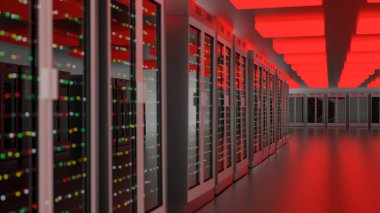 Sunucu odası veri merkezi. Yedek, madencilik, ev sahipliği, ana bilgisayar, çiftlik ve bilgisayar rafı ve depolama bilgileri. 3d hazırlayıcı