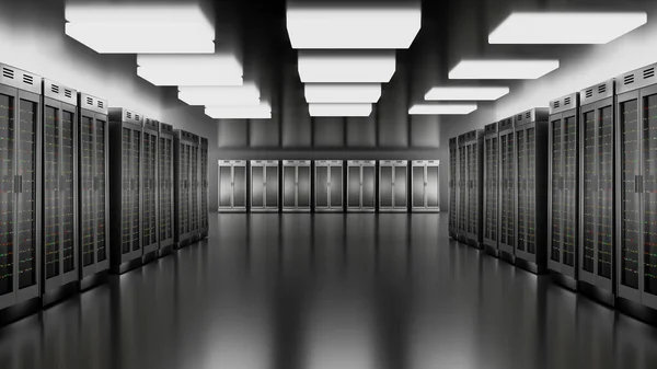 Centro de datos de la sala de servidores. Copia de seguridad, minería, alojamiento, mainframe, granja y rack de computadoras con información de almacenamiento. 3d renderizar —  Fotos de Stock