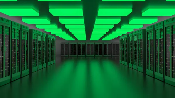 Centro de datos de la sala de servidores. Copia de seguridad, minería, alojamiento, mainframe, granja y rack de computadoras con información de almacenamiento. 3d renderizar — Foto de Stock