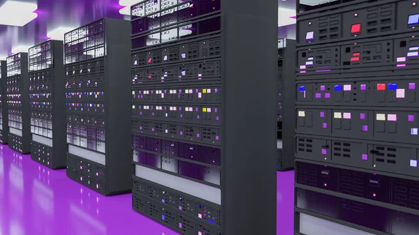 Servidor. Centro de datos de la sala de servidores. Copia de seguridad, minería, alojamiento, mainframe, granja y rack de computadoras con información de almacenamiento. 3d renderizar — Foto de Stock