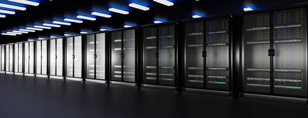 Διακομιστής. Server δωμάτιο δεδομένων κέντρο. Δημιουργία αντιγράφων ασφαλείας, εξόρυξη, φιλοξενία, mainframe, αγρόκτημα και ράφι υπολογιστών με πληροφορίες αποθήκευσης. 3d απόδοση — Φωτογραφία Αρχείου
