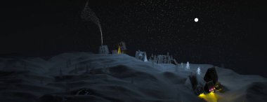 Sihirli Noel köyü. Karlı gece gökyüzü. Kış festivali mavi arka planı. Noel kartı. Çok renkli çelenkler. El fenerleri. 3d oluşturma