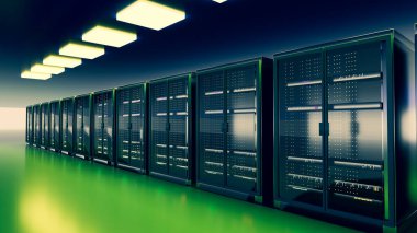 Sunucu. Sunucu odası veri merkezi. Yedek, madencilik, ev sahipliği, ana bilgisayar, çiftlik ve bilgisayar rafı ve depolama bilgileri. 3d hazırlayıcı