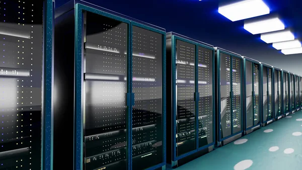 Servidor. Centro de datos de la sala de servidores. Copia de seguridad, minería, alojamiento, mainframe, granja y rack de computadoras con información de almacenamiento. 3d renderizar — Foto de Stock