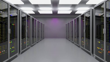 Sunucu. Sunucu odası veri merkezi. Yedek, madencilik, ev sahipliği, ana bilgisayar, çiftlik ve bilgisayar rafı ve depolama bilgileri. 3d hazırlayıcı