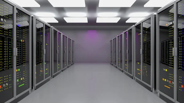 Server. Rechenzentrum Serverraum. Backup, Bergbau, Hosting, Großrechner, Bauernhof und Computerregal mit Speicherinformationen. 3D-Darstellung — Stockfoto