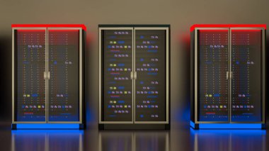 Sunucu. Sunucu odası veri merkezi. Yedek, madencilik, ev sahipliği, ana bilgisayar, çiftlik ve bilgisayar rafı ve depolama bilgileri. 3d hazırlayıcı