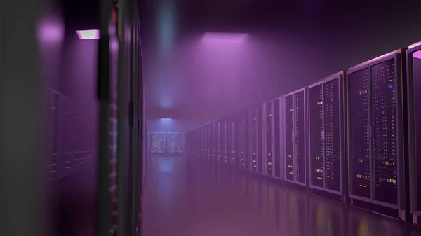 Een server. Datacenter serverruimte. Back-up, mijnbouw, hosting, mainframe, boerderij en computer rack met opslaginformatie. 3d renderen — Stockfoto